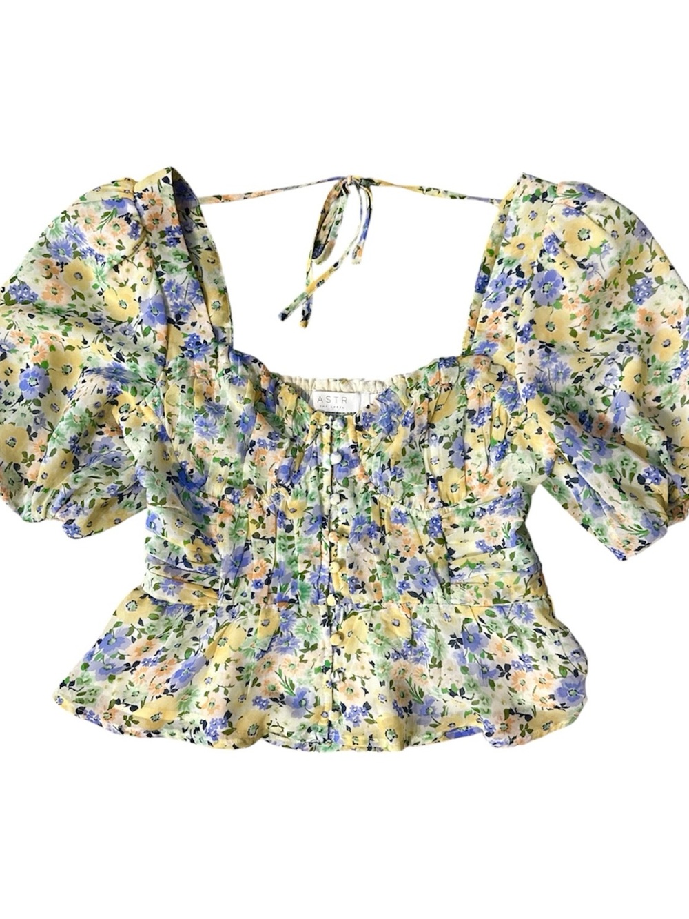 Astr The Label Floral Puff-Sleeve Peplum Button Down Top.  Size Small. 32” Bust
